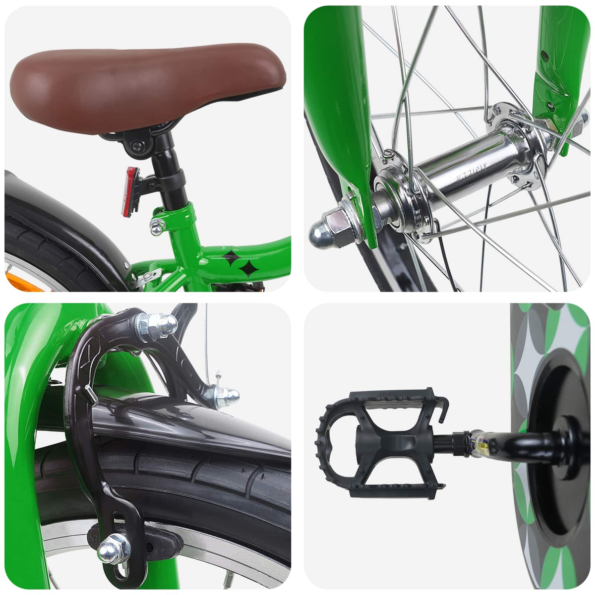 Details eines grünen Fahrrads: Sitz, Vorderradnabe, Bremse, Pedal.
