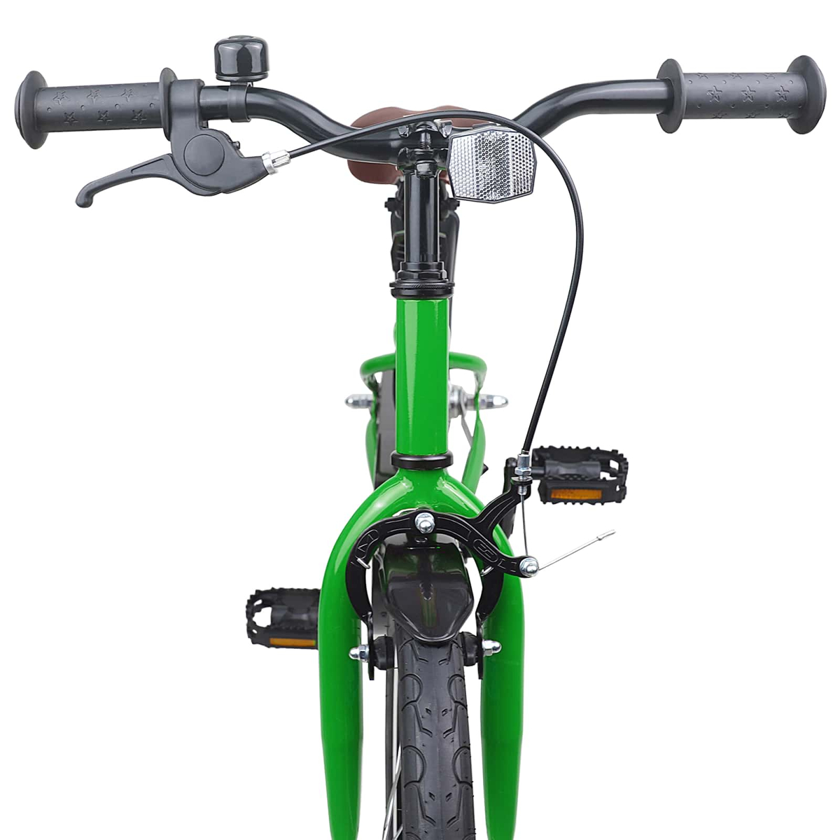 Grünes Kinderfahrrad, Vorderansicht mit Lenker, Bremsen, Pedalen und Rad.