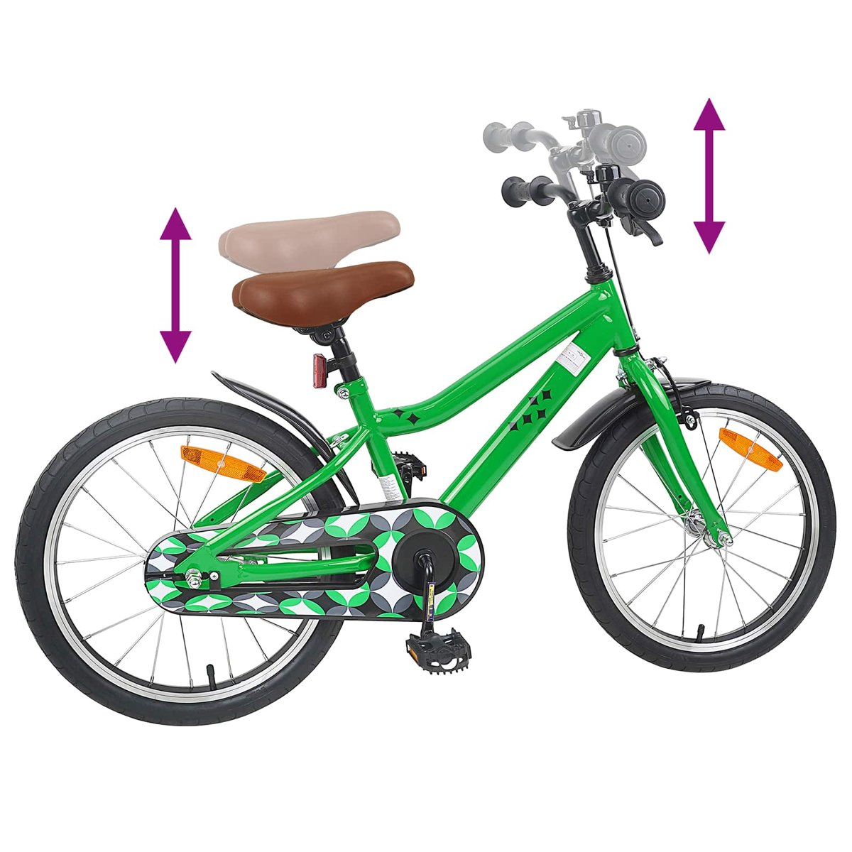 Grünes Kinderfahrrad mit verstellbarer Sattelhöhe und Lenkerhöhe.