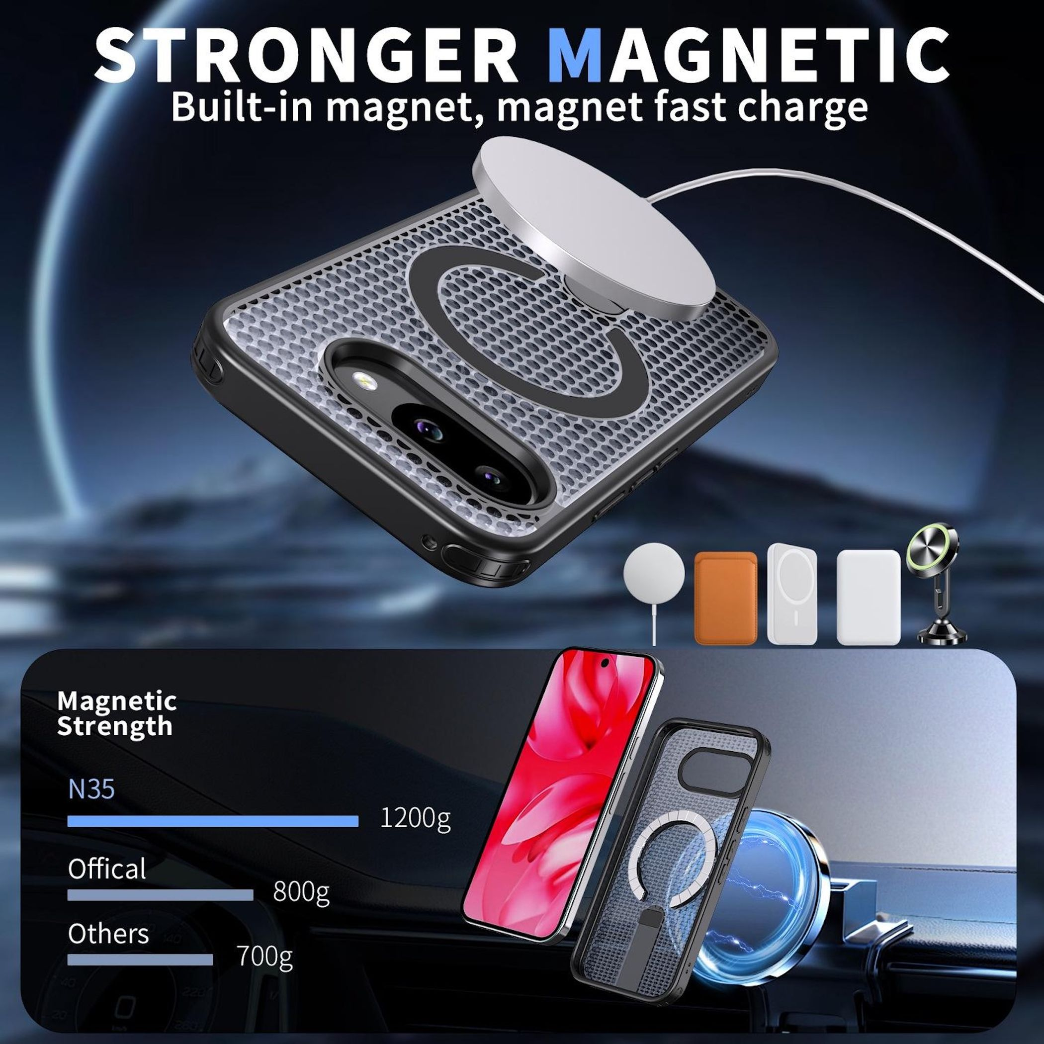 Starke magnetische Handyhülle mit Ladefunktion und Stärke-Diagramm.