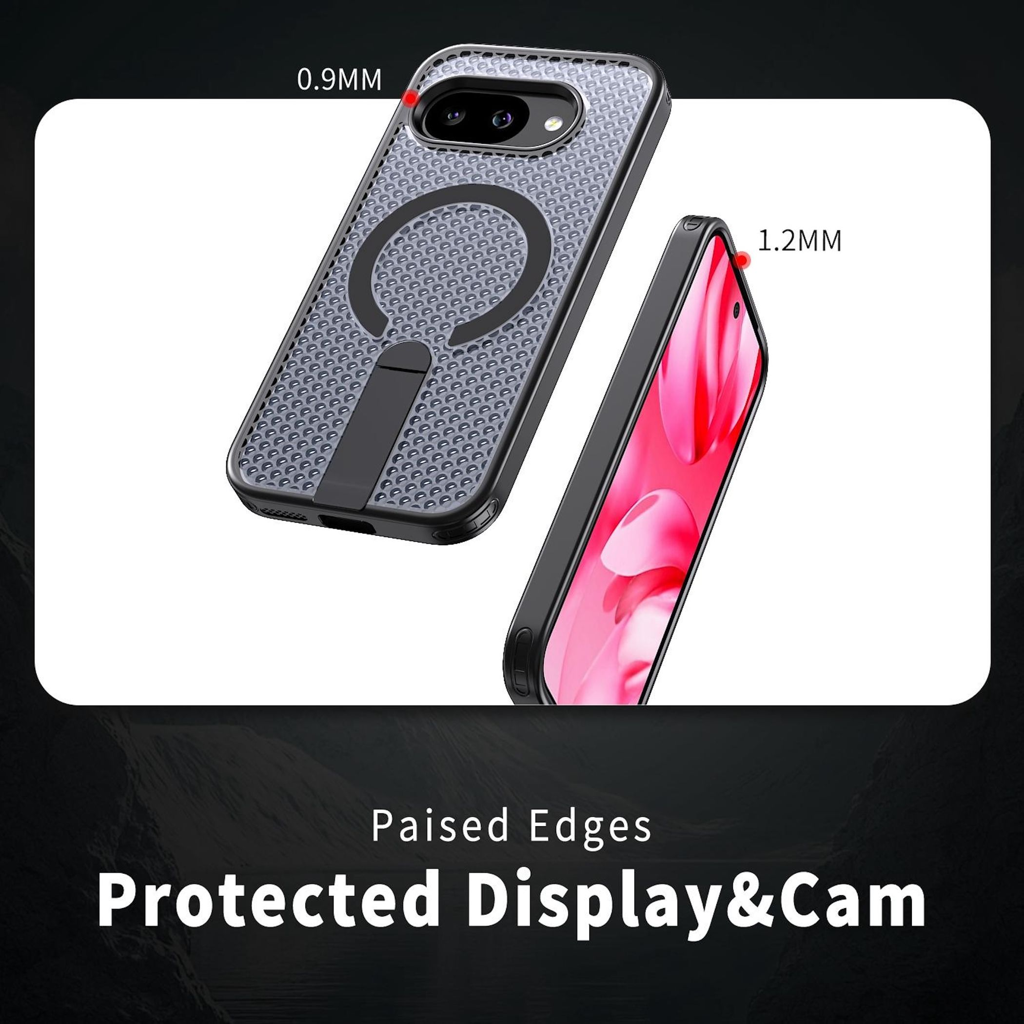 Zwei Handyhüllen mit erhöhten Kanten, eine zeigt das Muster 0,9 mm, die andere 1,2 mm.