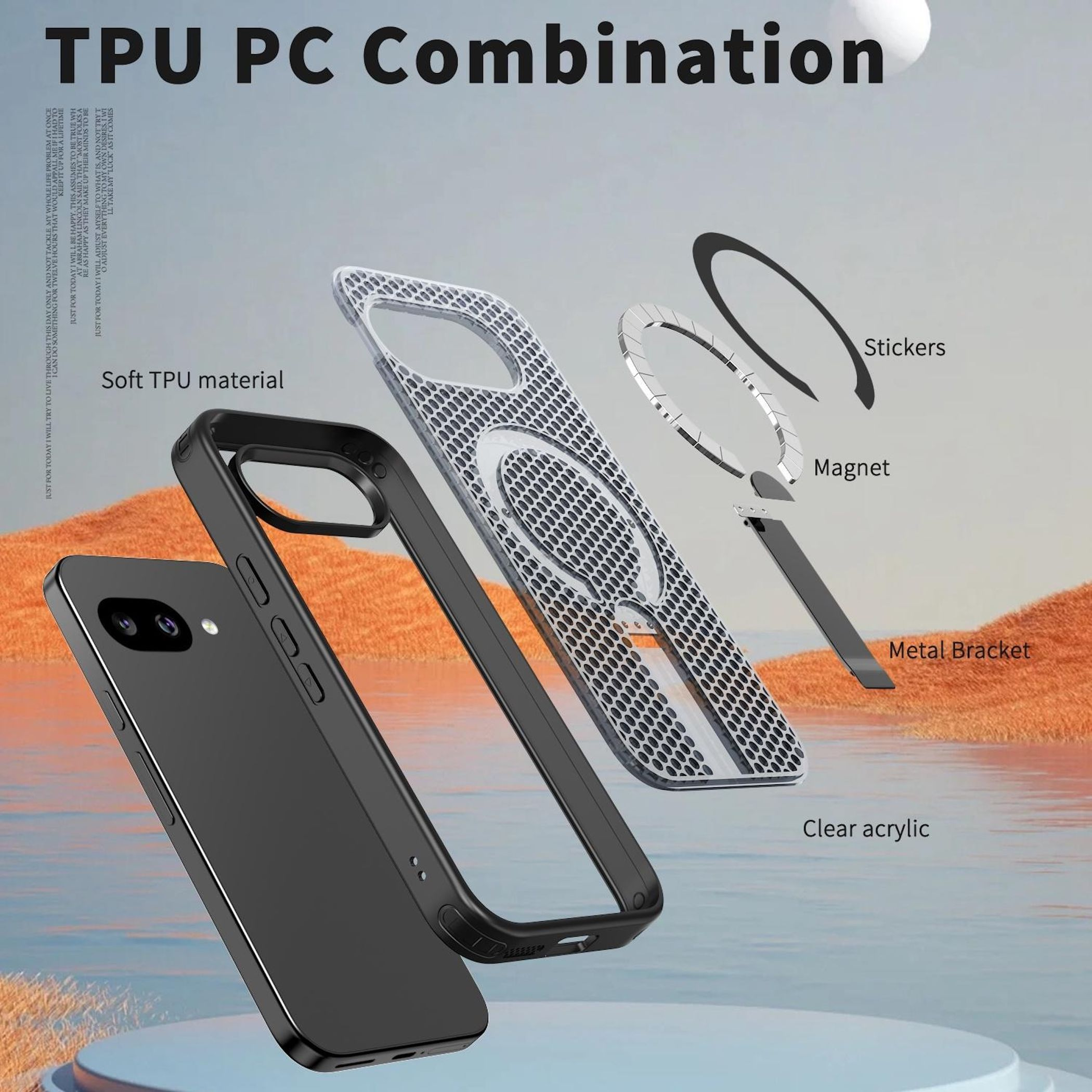Explodierte Ansicht einer schwarzen Handyhülle mit transparenten TPU- und PC-Teilen.