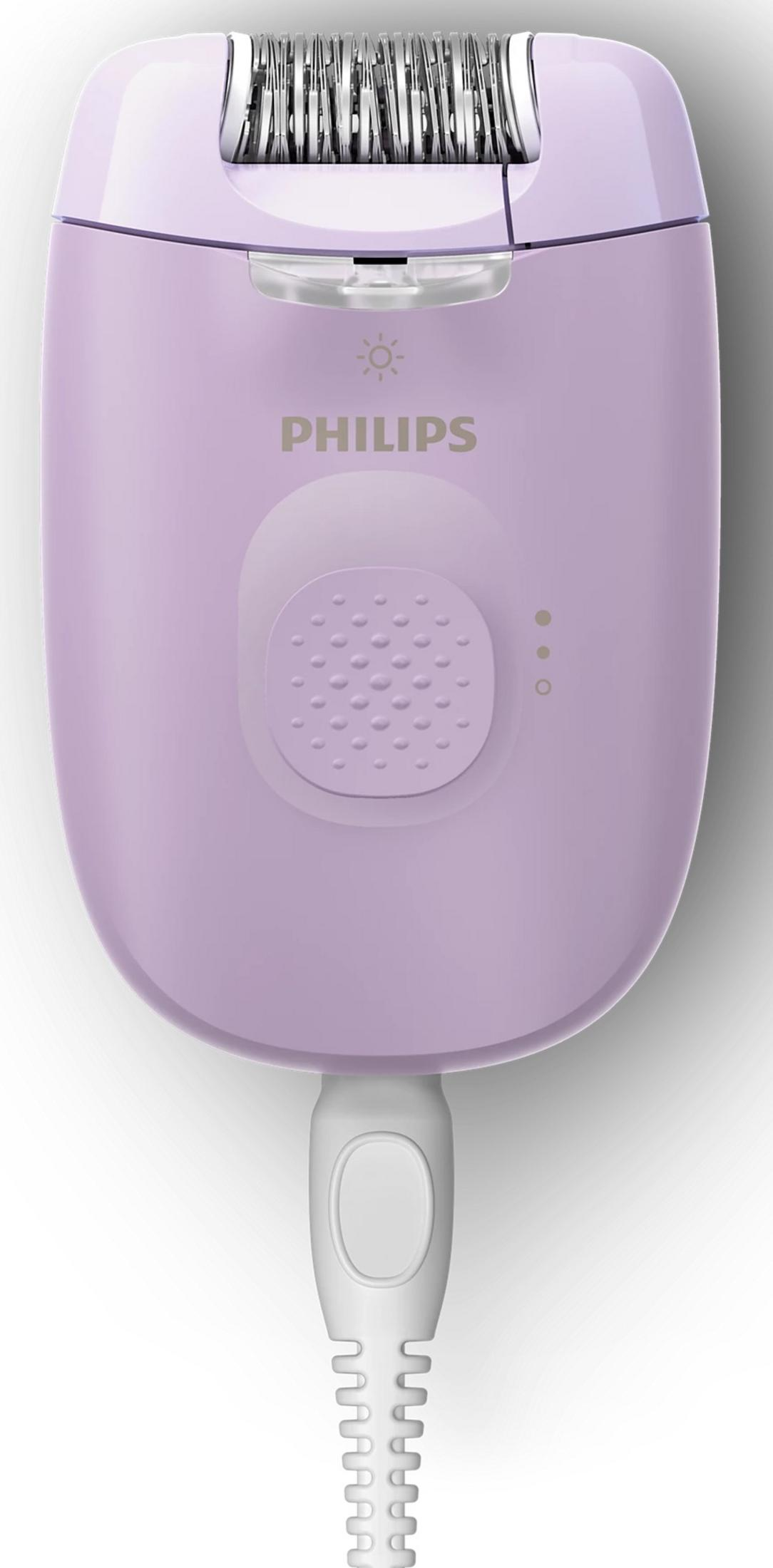 Lila Philips Epilierer mit abnehmbarem Kopf und weißem Kabel.