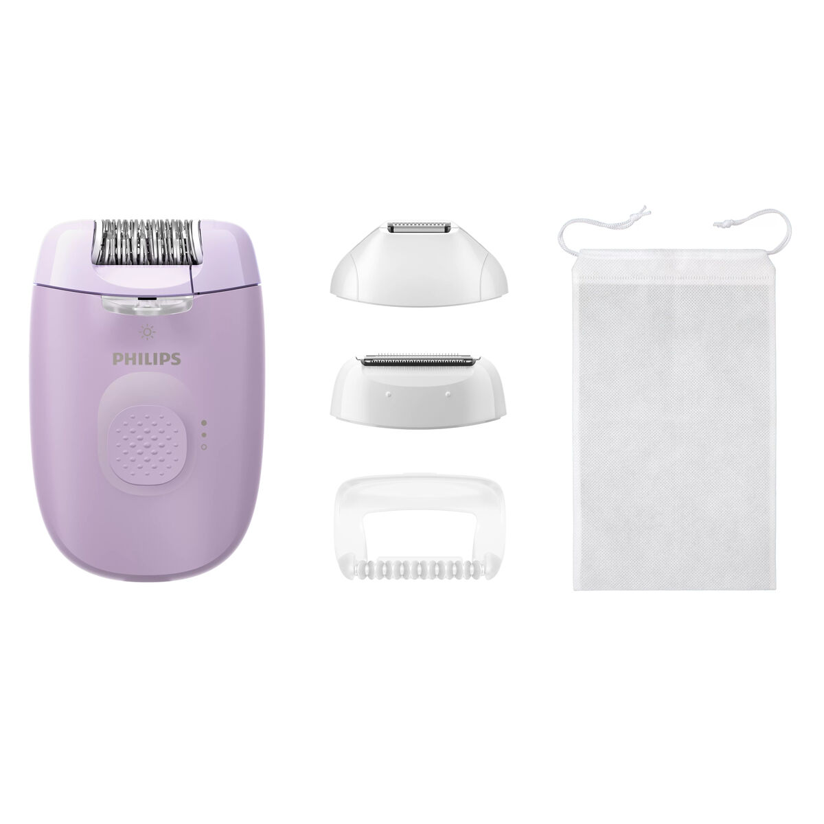Lavendelfarbener Philips Epilierer mit Aufsätzen: Scherkopf, Trimmer, Kappe und Beutel.