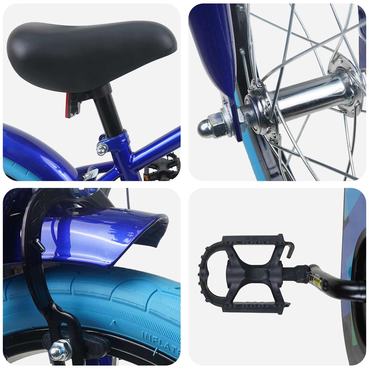 Vier Ausschnitte eines blauen Fahrrads: Sattel, Vorderradnabe, Schutzblech mit Reifen und Pedal.
