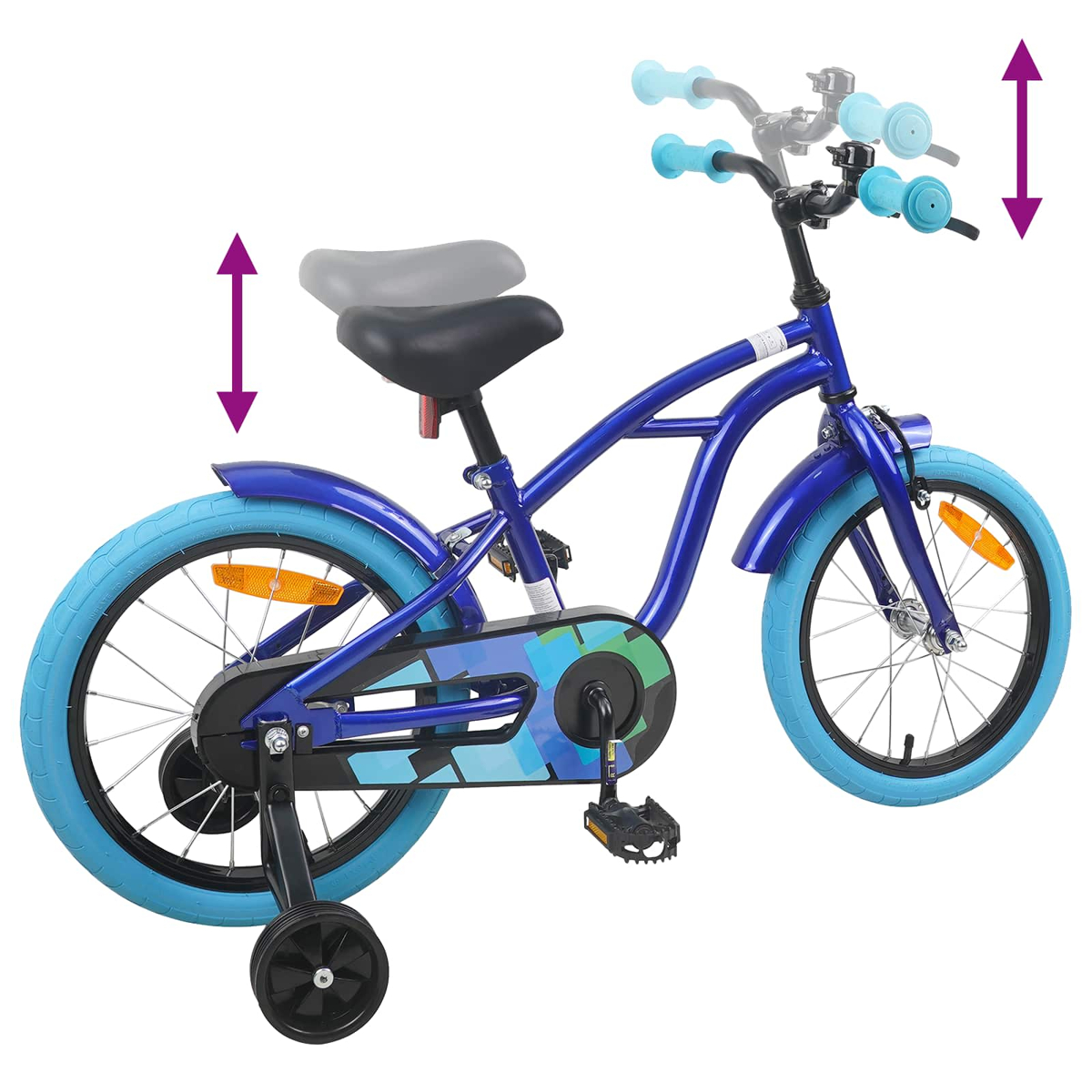 Ein blaues Kinderfahrrad mit blauen Reifen, Stützrädern und verstellbarem Lenker und Sattel.