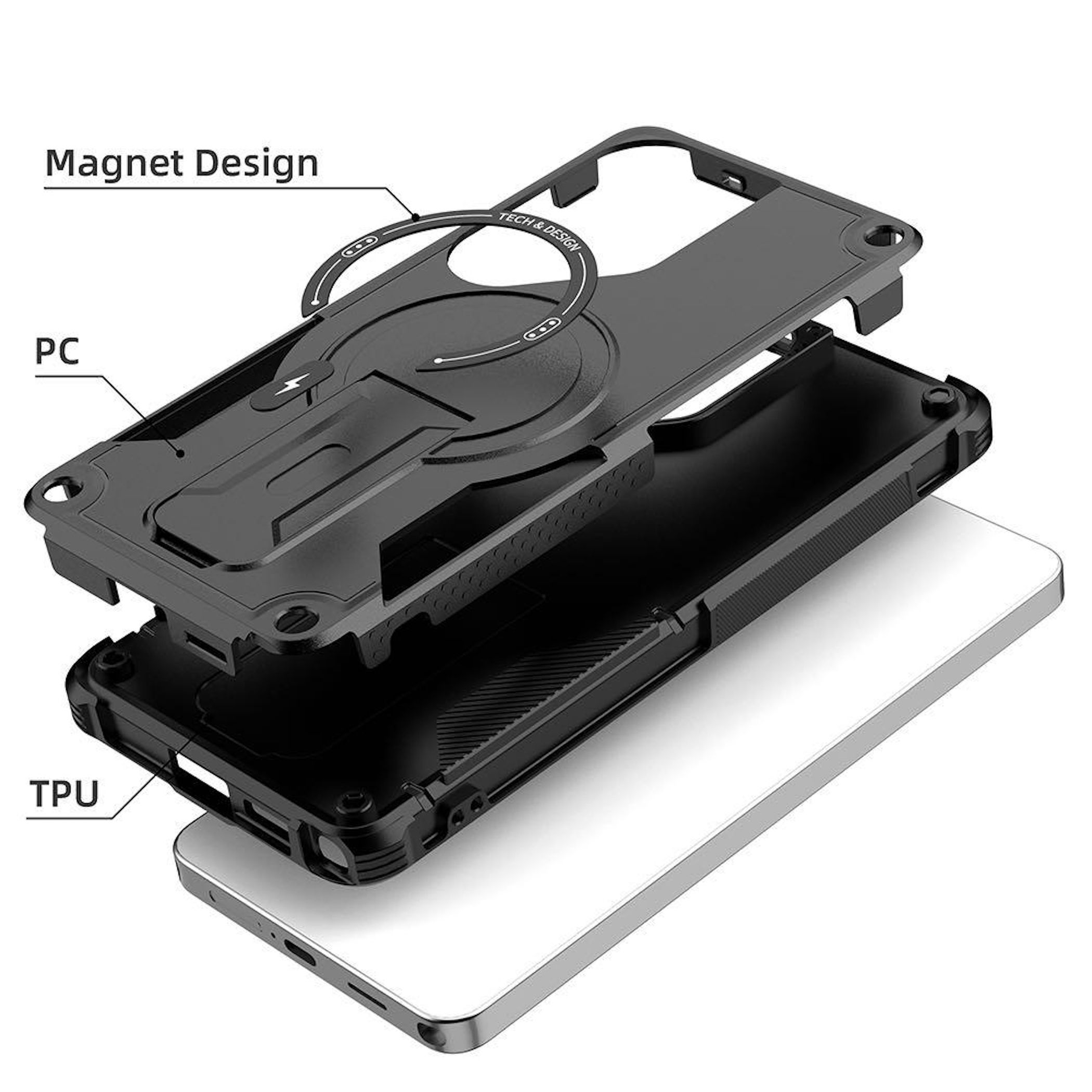 Abnehmbare schwarze Handyhülle mit Magnetring und PC/TPU-Schichten.
