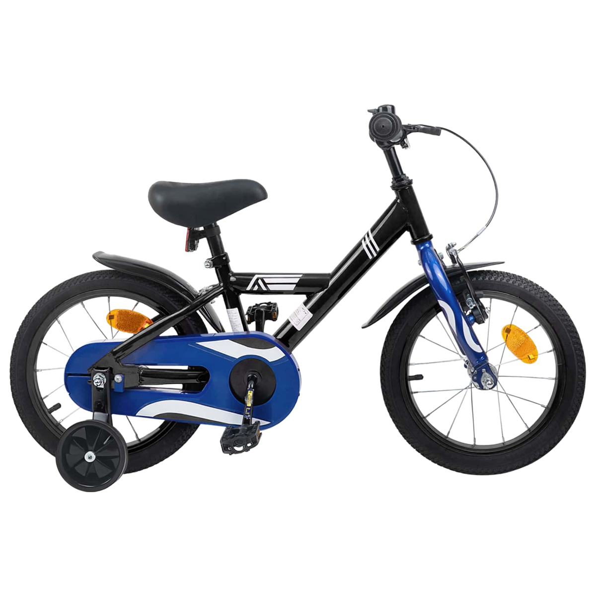 Schwarzes Kinderfahrrad mit blauen Akzenten und Stützrädern.