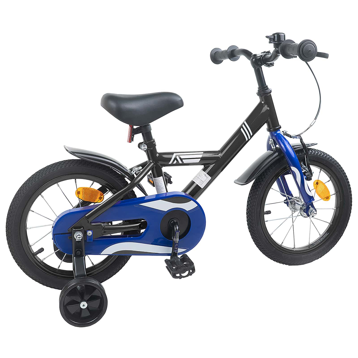 Ein schwarzes Kinderfahrrad mit blauen Akzenten und Stützrädern.