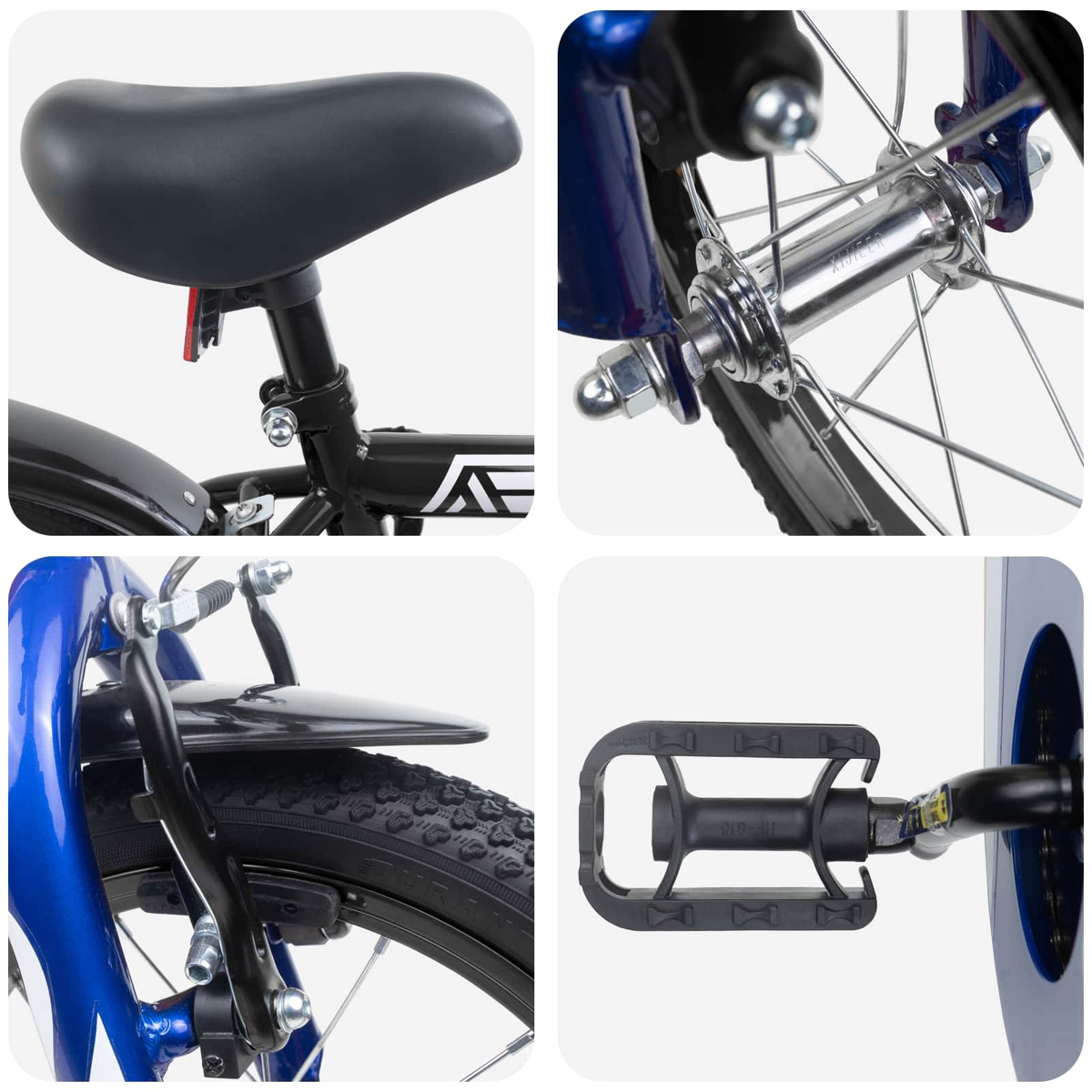 Nahaufnahme eines blauen Fahrrads mit Sattel, Radnabe, Bremse und Pedal.