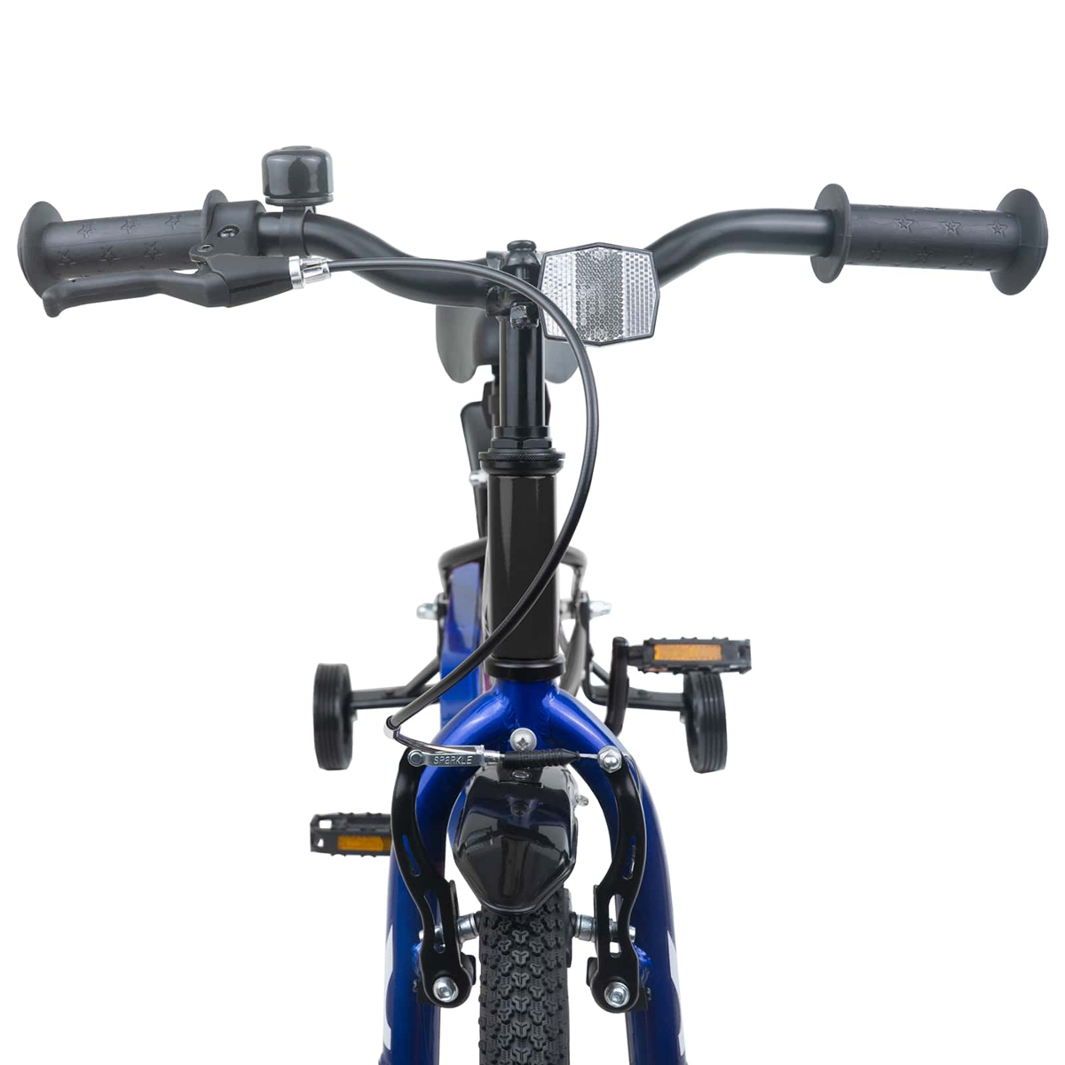 Blaues Kinderfahrrad mit Lenker, Klingel, Reflektor, Stützrädern und Pedalen.