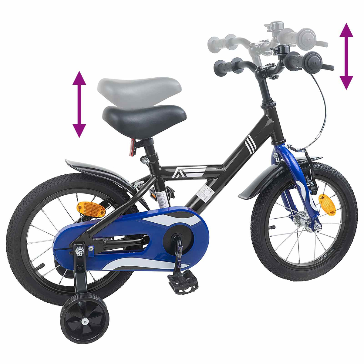 Ein schwarz-blaues Kinderfahrrad mit Stützrädern und verstellbarem Sattel/Lenker.