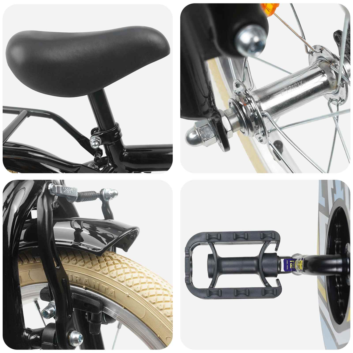 Details eines schwarzen Fahrrads: Sattel, Vorderradnabe, Bremse und Pedal.