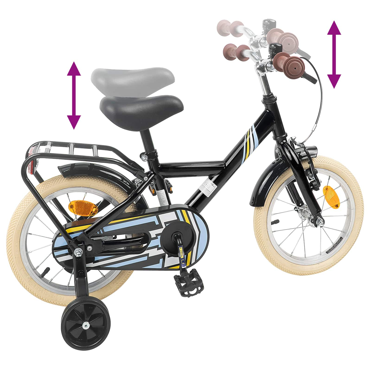 Schwarzes Kinderfahrrad mit Stützrädern, Gepäckträger und verstellbarer Sitzhöhe.