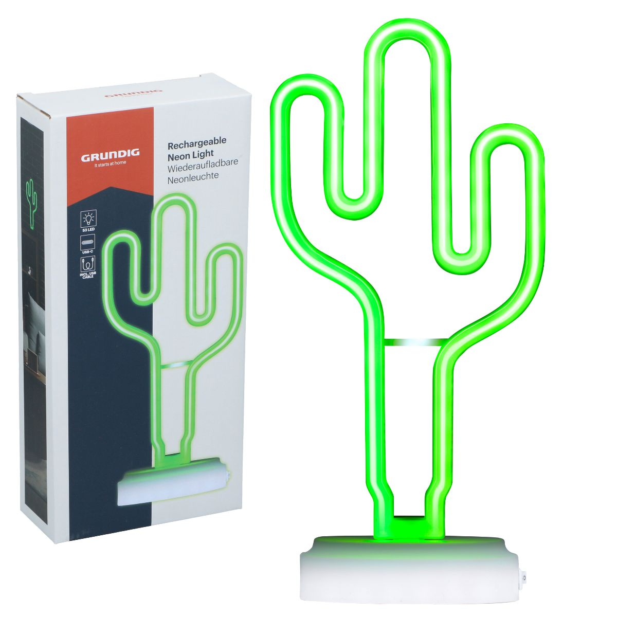 Groene cactus neonlamp met witte voet en verpakking.