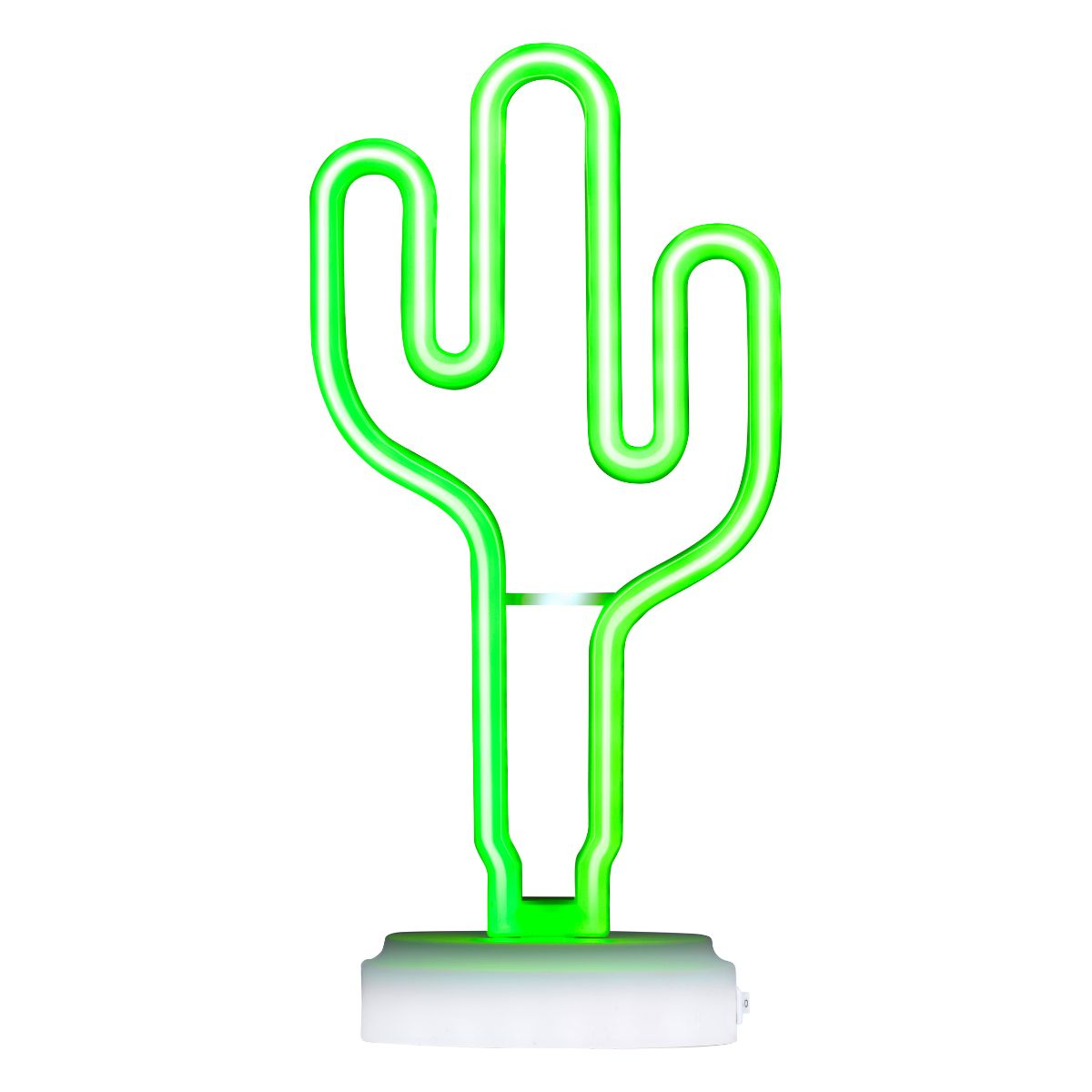 Groene neon cactuslamp op een witte voet.