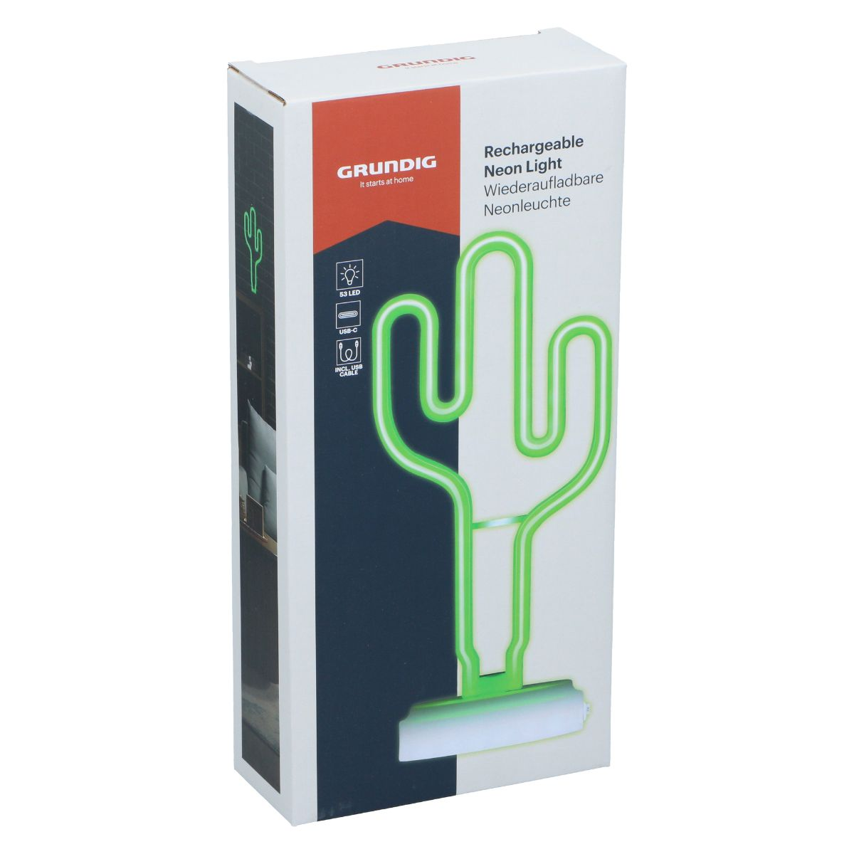 Groene cactus neonlamp op kartonnen verpakking met Grundig logo en laadinformatie.