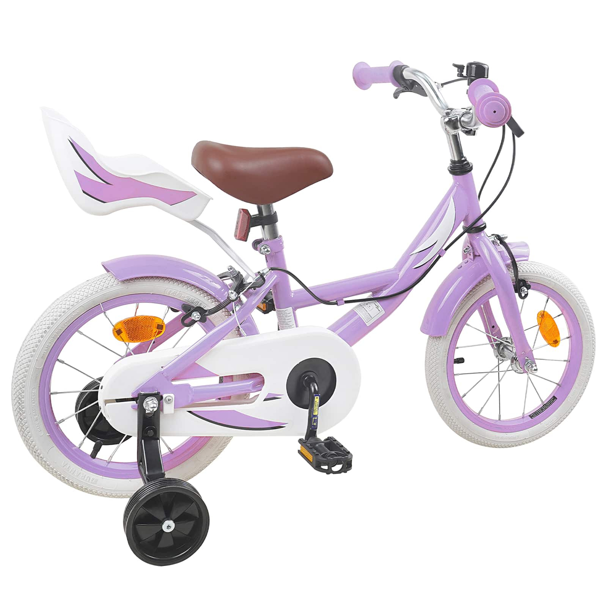 Lila Kinderfahrrad mit braunem Sattel, Stützrädern und weißem/pinkem Rücksitz.