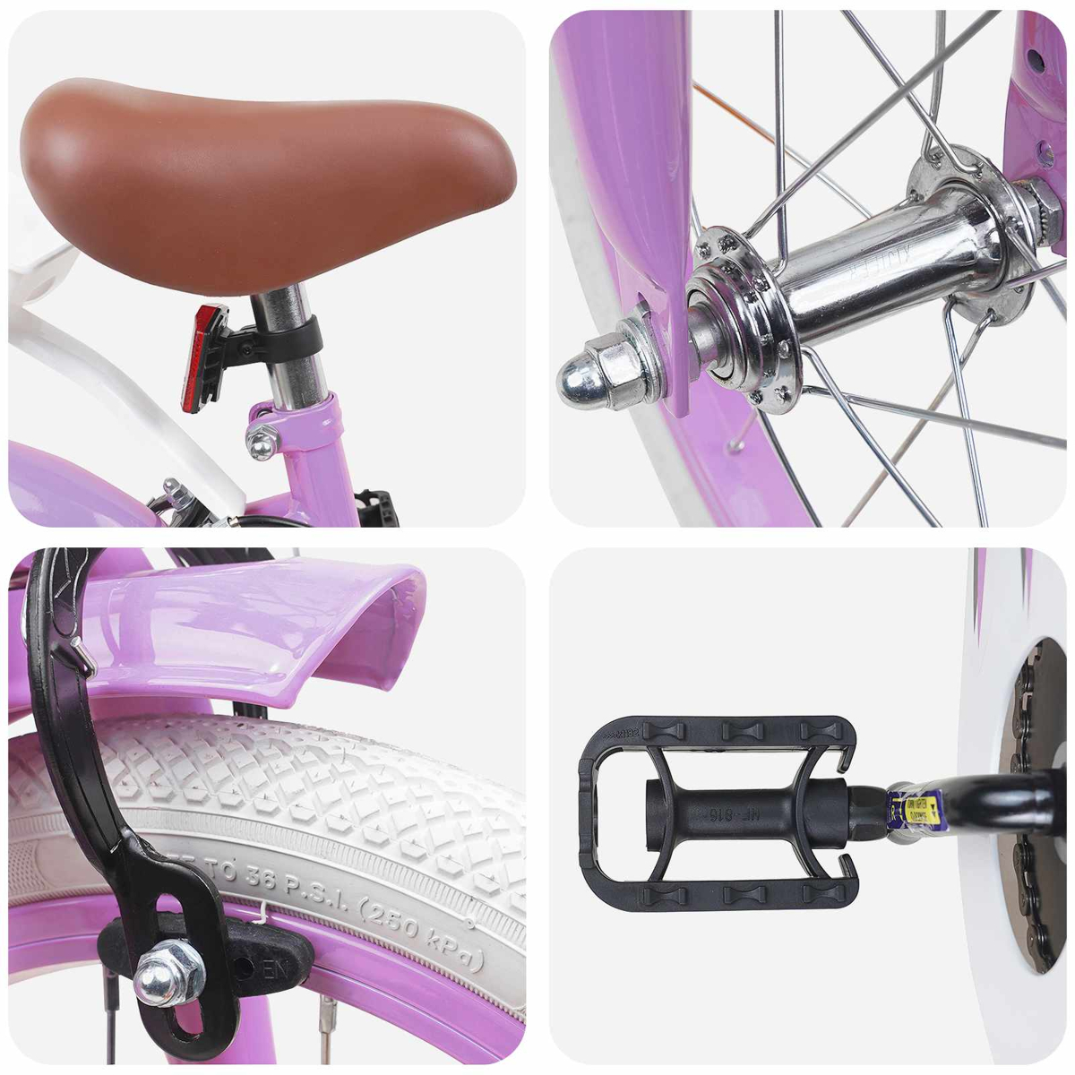 Nahaufnahme eines lila Fahrrads mit braunem Sattel, Speichen und Pedal.