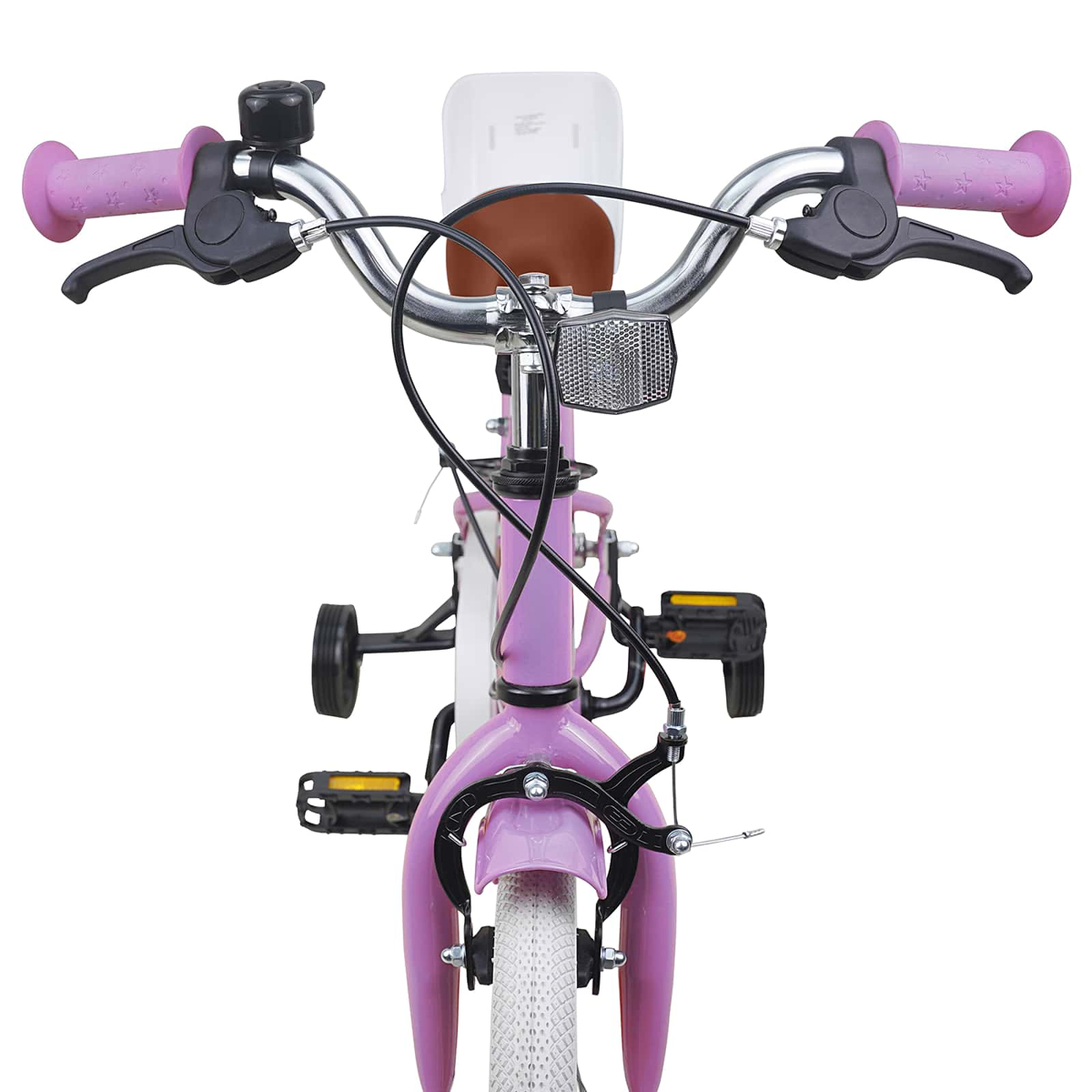 Lila Kinderfahrrad von vorne mit Stützrädern, Klingel und braunem Sattel.