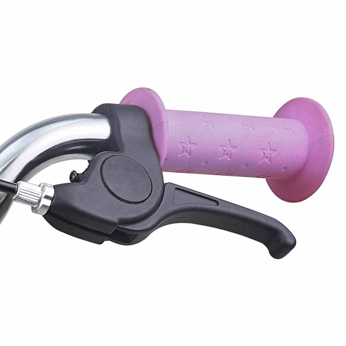 Lila Fahrradgriff mit Sternenmuster und schwarzem Bremshebel am Chromlenker.