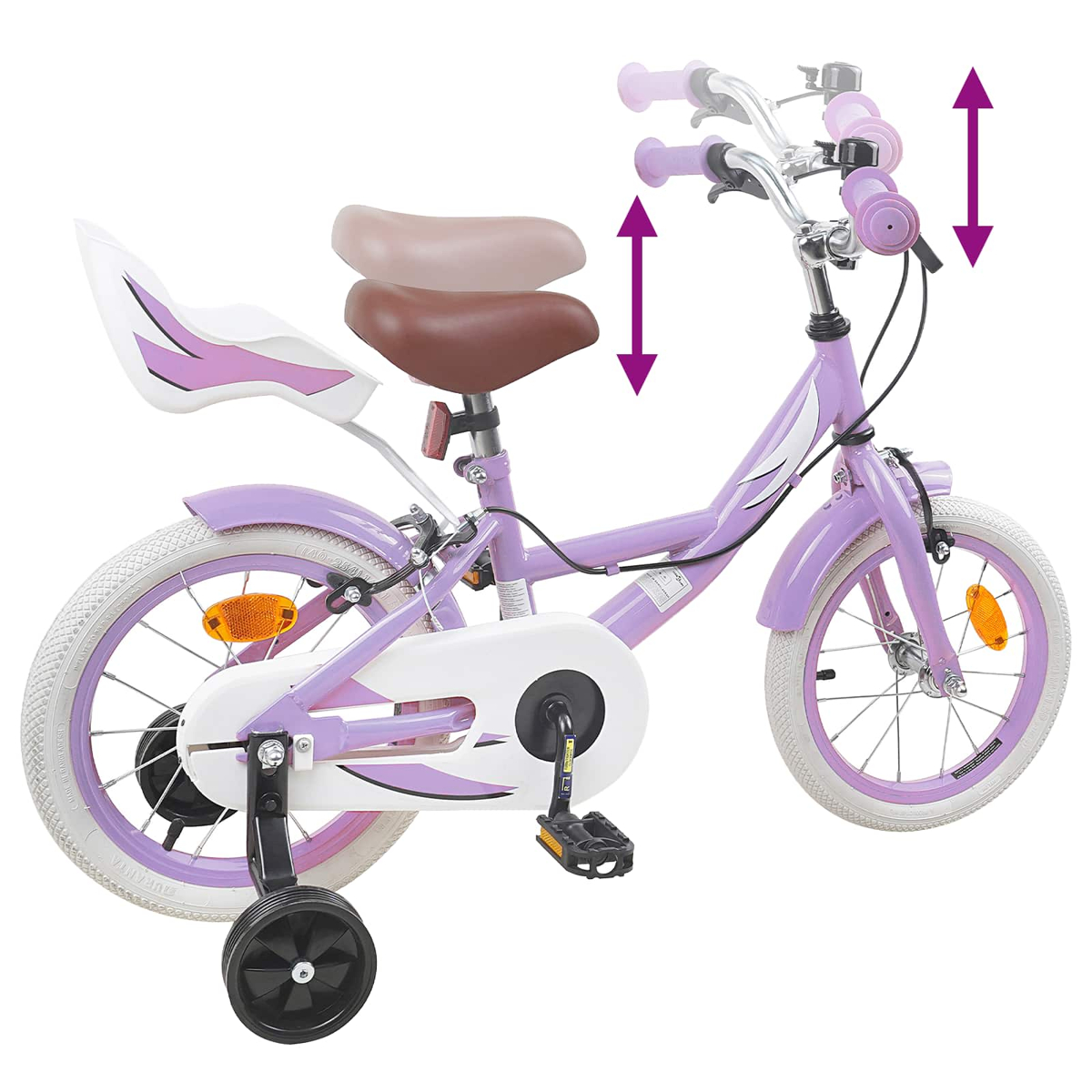Lila Kinderfahrrad mit Stützrädern, braunem Sattel und weißen Akzenten.