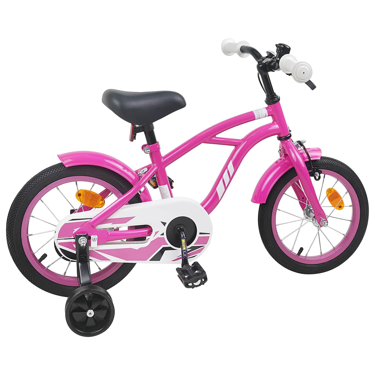 Ein pinkes Kinderfahrrad mit Stützrädern und weiß-pinken Akzenten.