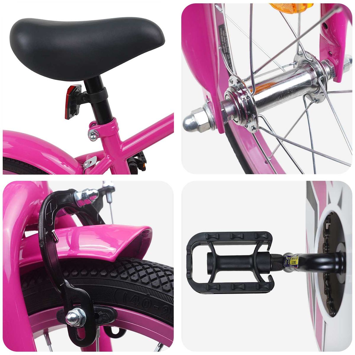 Vier Nahaufnahmen eines rosa Fahrrads: Sitz, Vorderradnabe, Hinterradbremse, Pedal.