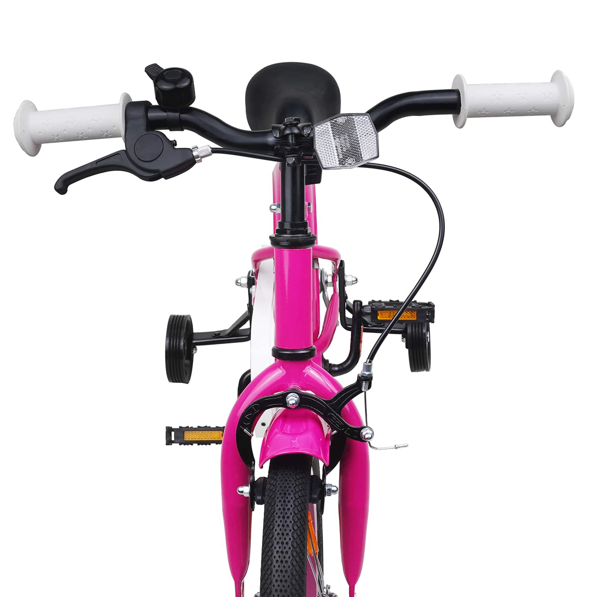 Ein pinkes Kinderfahrrad mit Stützrädern, Vorderradbremse und Klingel.