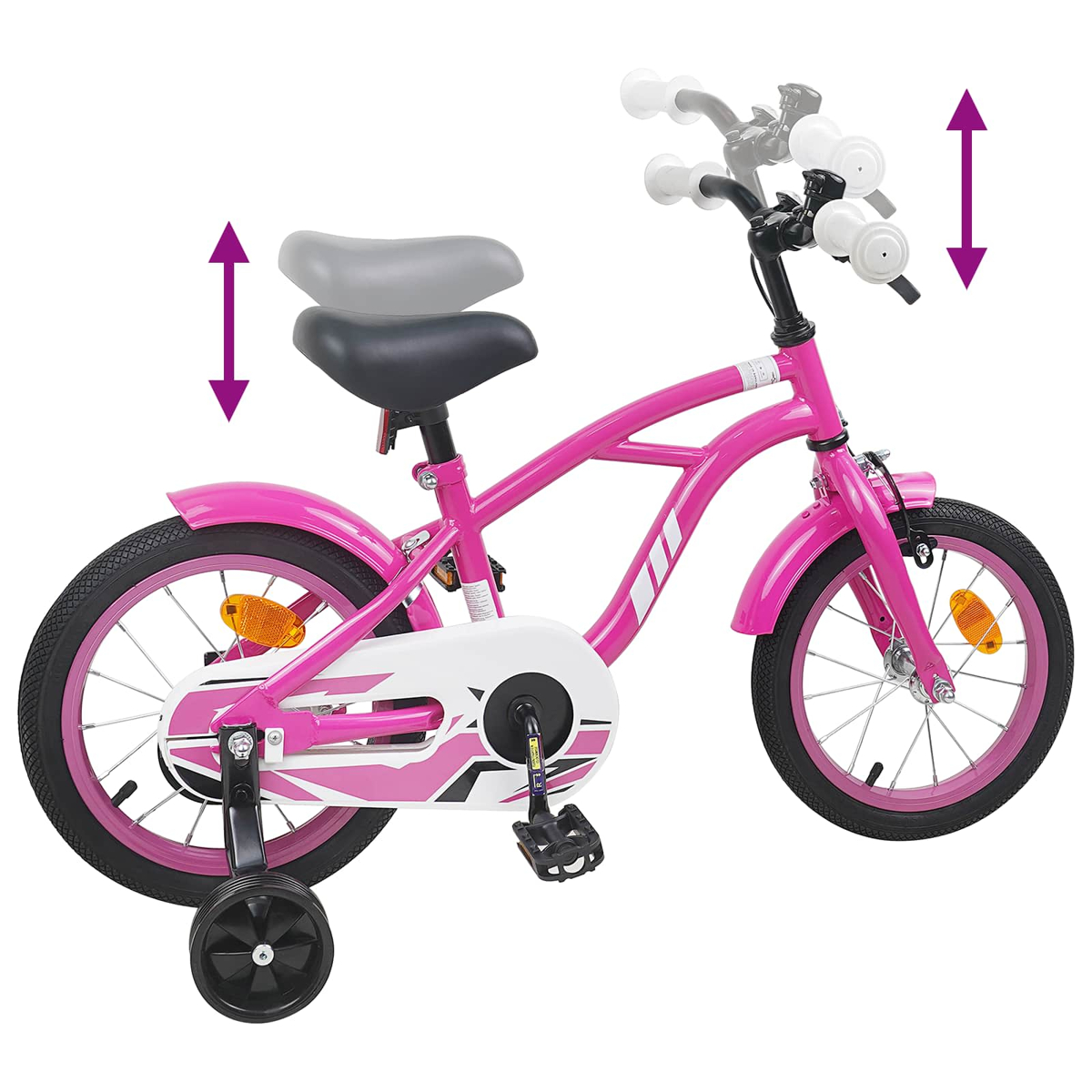 Ein pinkes Kinderfahrrad mit Stützrädern und verstellbarer Sitzhöhe.