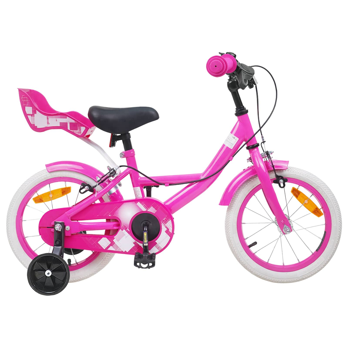 Ein leuchtend pinkes Kinderfahrrad mit Stützrädern und einem Kindersitz.