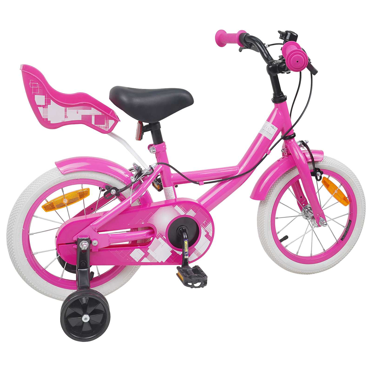 Ein pinkes Kinderfahrrad mit Stützrädern und Kindersitz.