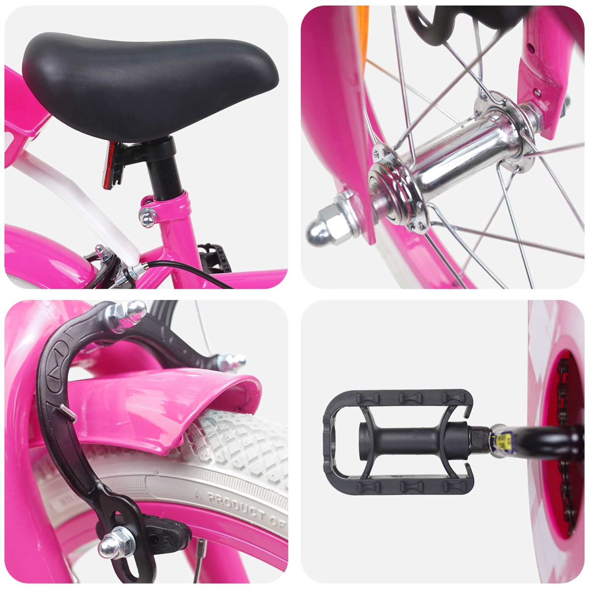 Nahaufnahme eines rosa Fahrrads mit Sattel, Bremse, Speichen und Pedal.