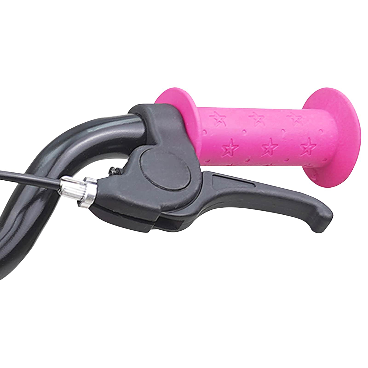 Nahaufnahme des Lenkers eines Kinderfahrrads mit pinkfarbenem Griff und Sternen.