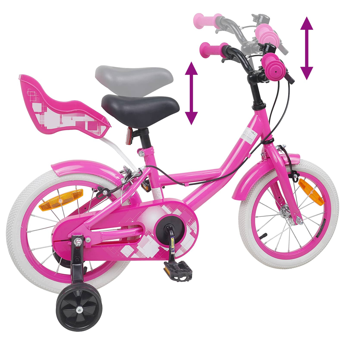 Ein pinkes Kinderfahrrad mit Stützrädern, verstellbarem Sattel und Lenker.