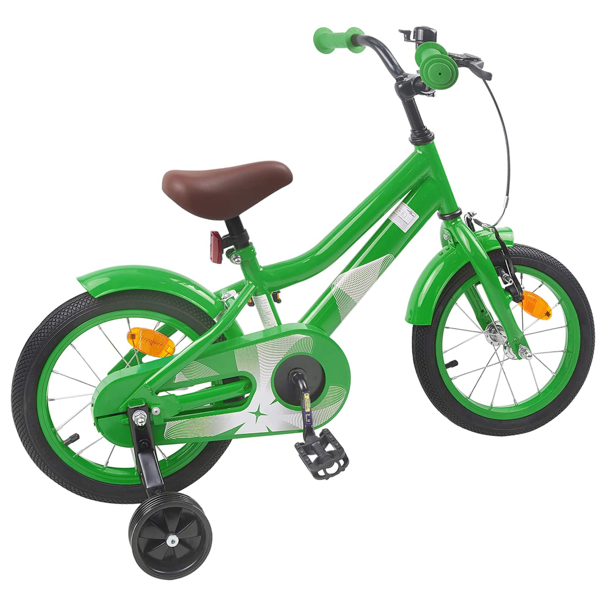 Ein grünes Kinderfahrrad mit braunem Sitz und Stützrädern.