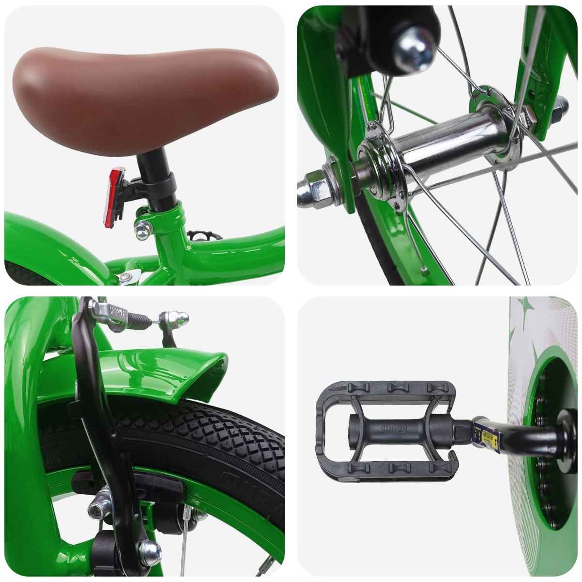 Collage aus grünen Fahrradteilen: brauner Sattel, Radnabe, Bremse und schwarzes Pedal.
