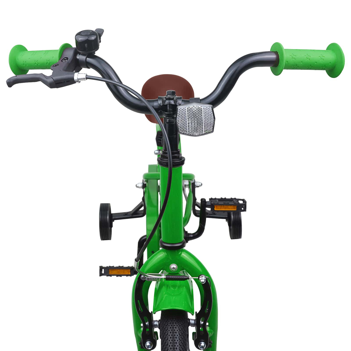 Grüner Fahrradlenker mit grünen Griffen, einer Klingel und einem Reflektor. Stützräder sichtbar.