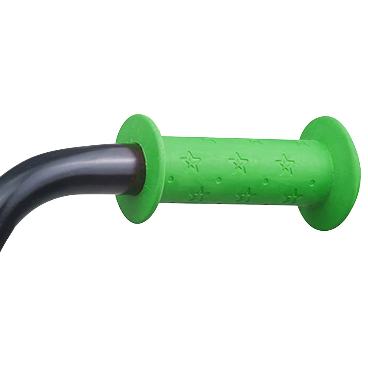 Grüner Fahrradgriff mit Sternenmuster und schwarzem Lenker.