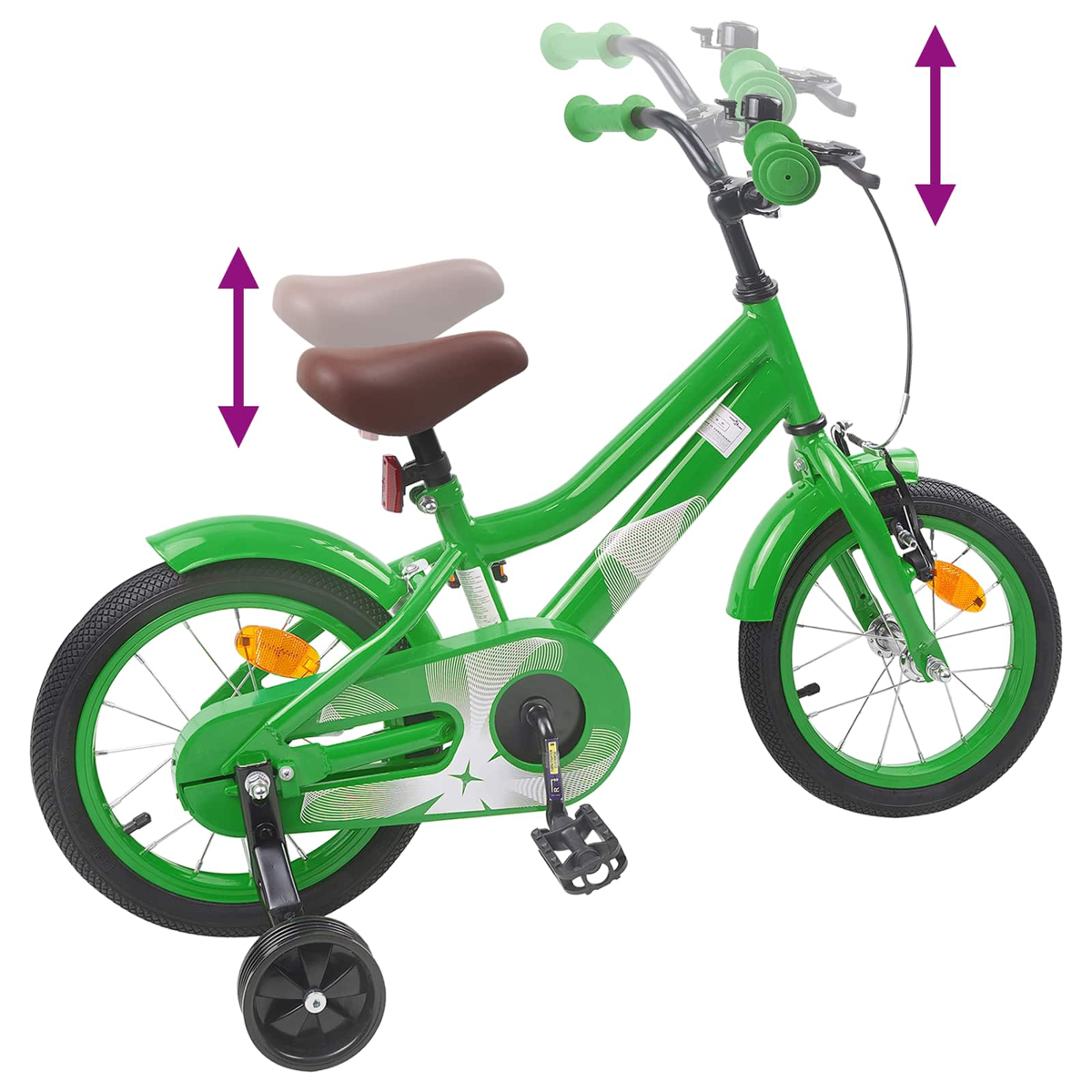 Grünes Kinderfahrrad mit Stützrädern, verstellbarem Sattel und Lenker.