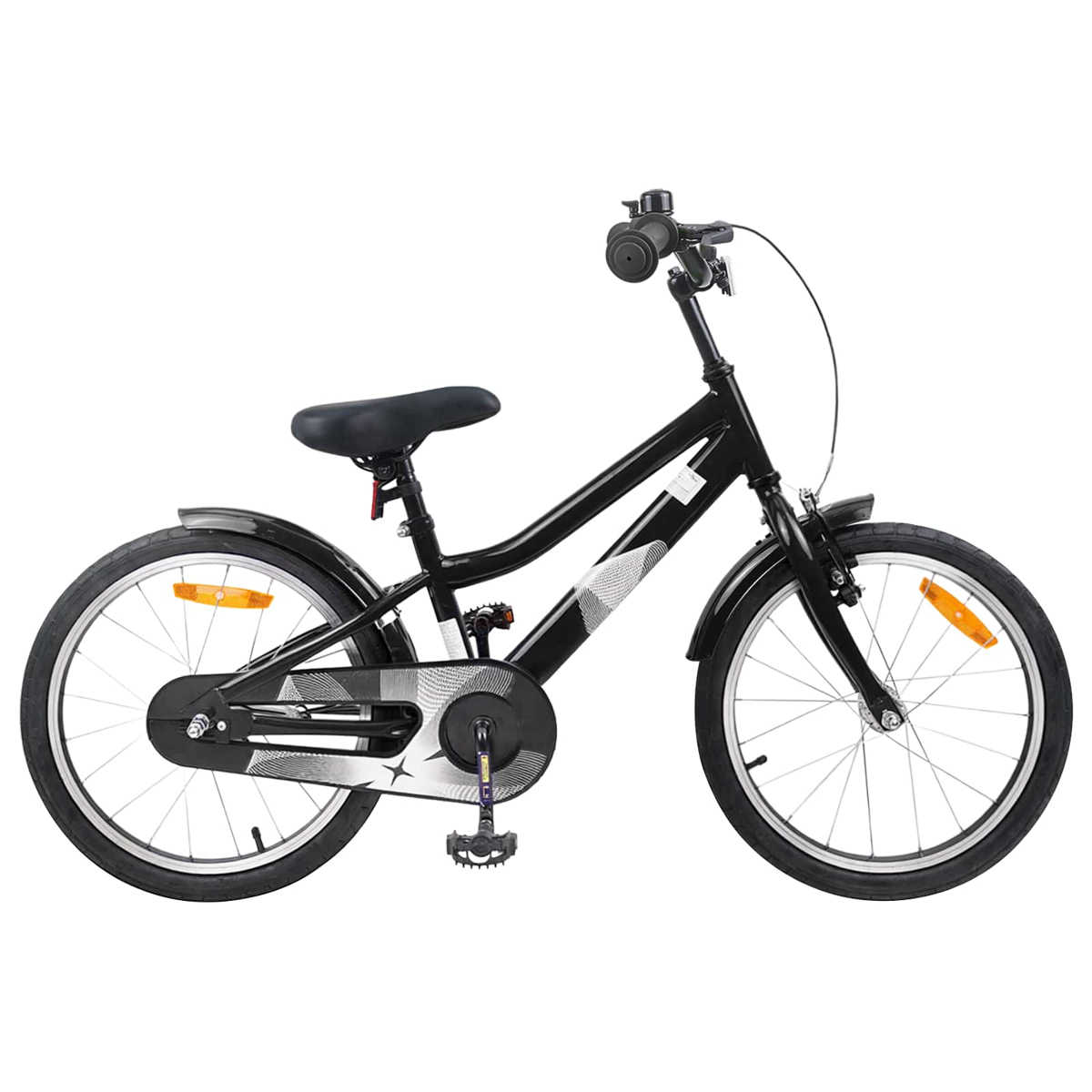 Ein schwarzes Kinderfahrrad mit silbernen Akzenten und orangefarbenen Reflektoren.