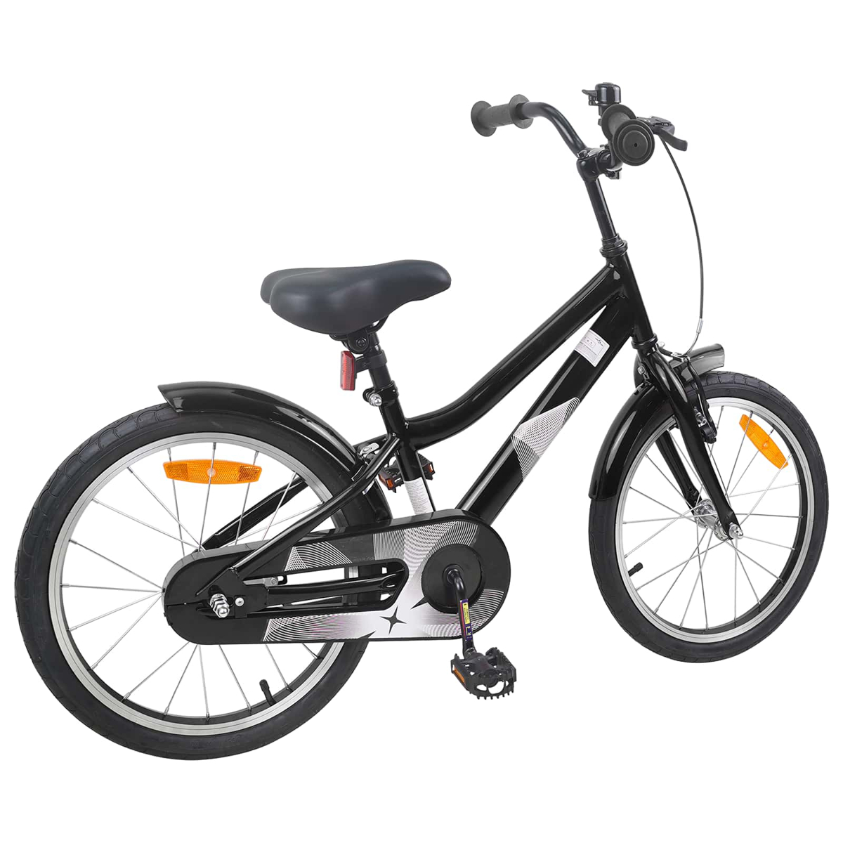 Ein schwarzes Kinderfahrrad mit silbernen Akzenten, Schutzblechen und Reflektoren.