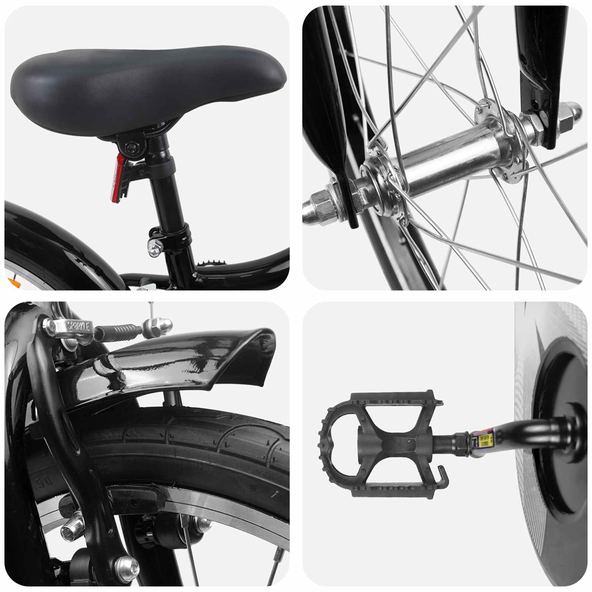 Collage aus Fahrradteilen: schwarzer Sattel, Vorderradnabe, hinterer Kotflügel und Pedal.