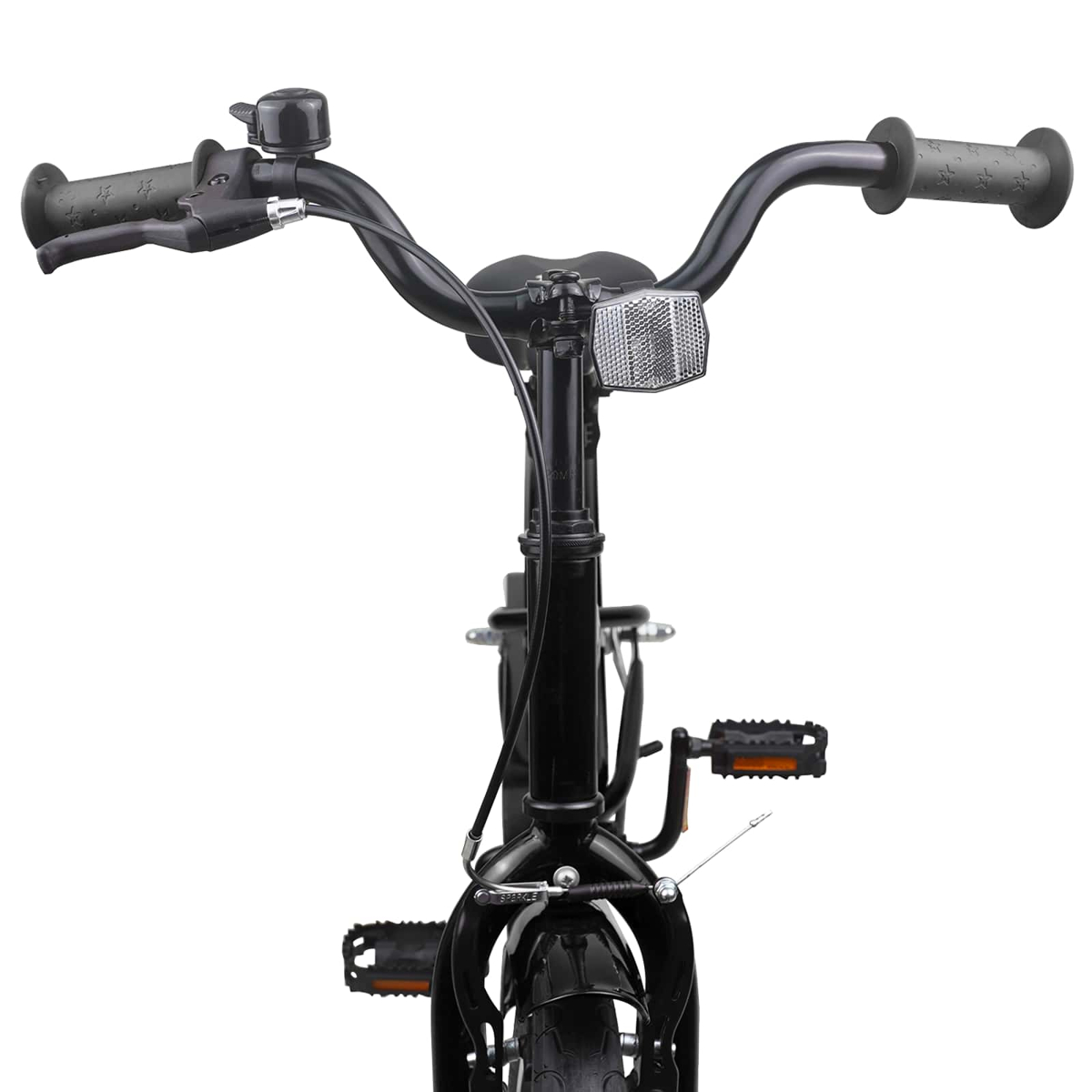 Vorderansicht eines schwarzen Fahrrads mit Lenker, Klingel, Reflektor und Pedalen.