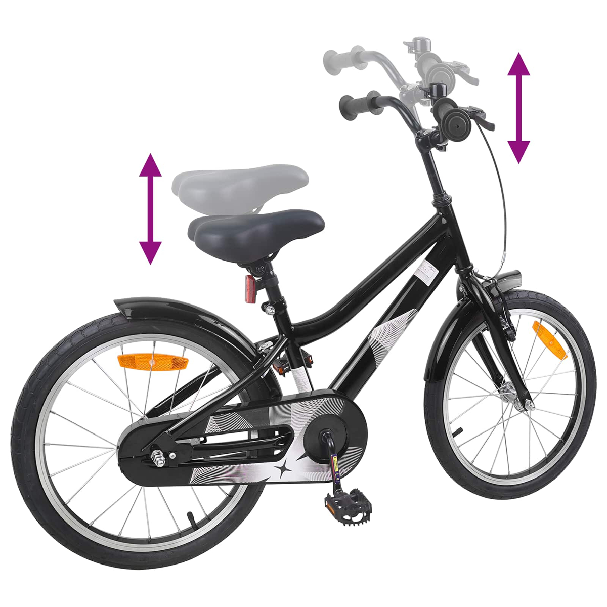 Ein schwarzes Kinderfahrrad mit verstellbarer Sitzhöhe und Lenkerhöhe.