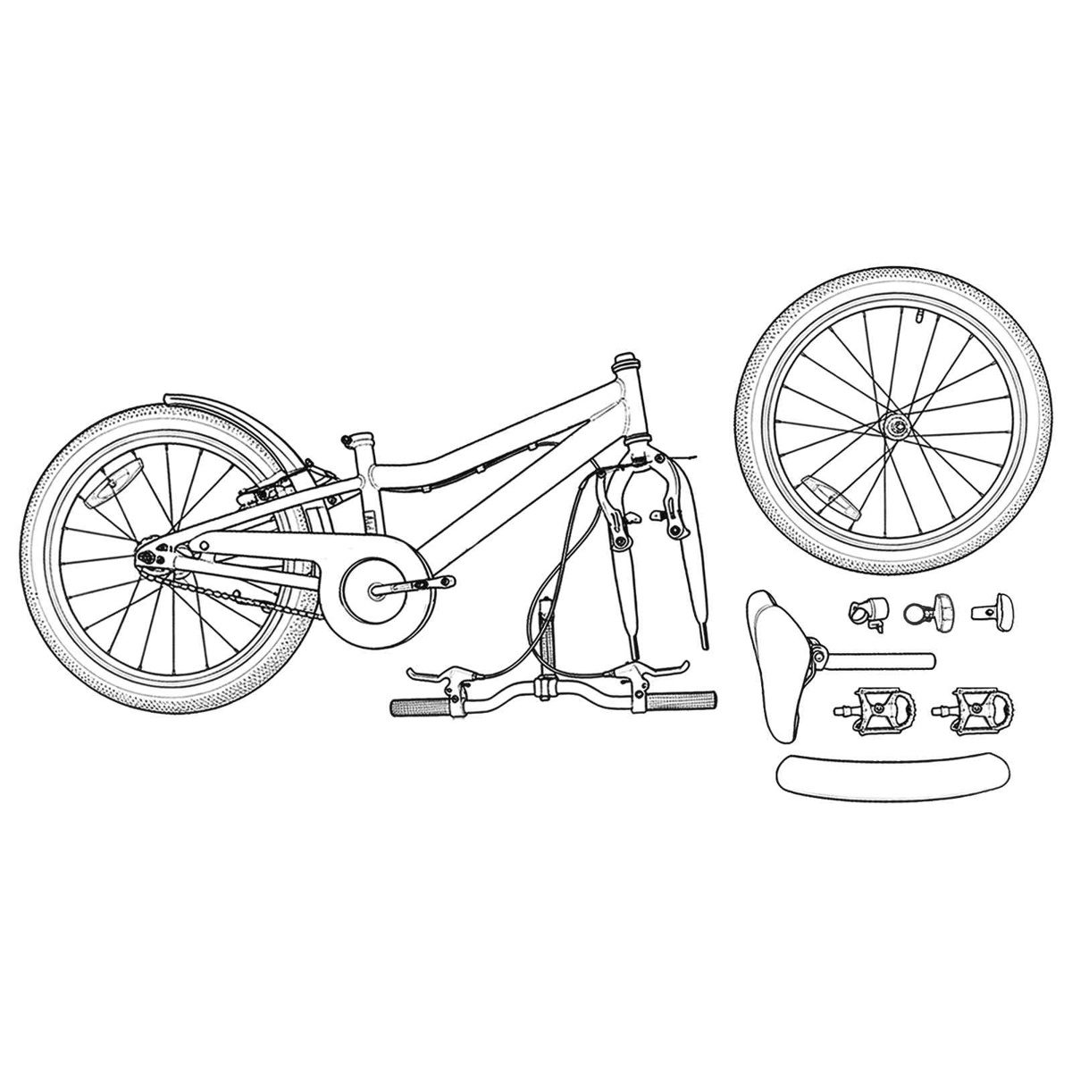 Zeichnung eines zerlegten Fahrrads mit Rahmen, Rädern, Sitz, Lenker und Pedalen.