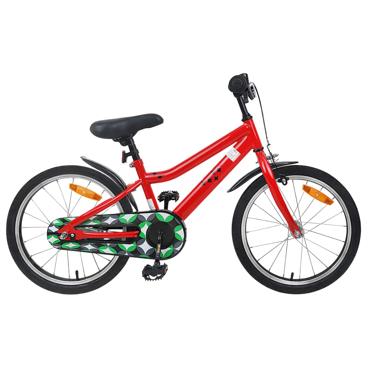 Ein rotes Kinderfahrrad mit schwarz-grünem Kettenblattmuster und Reflektoren.