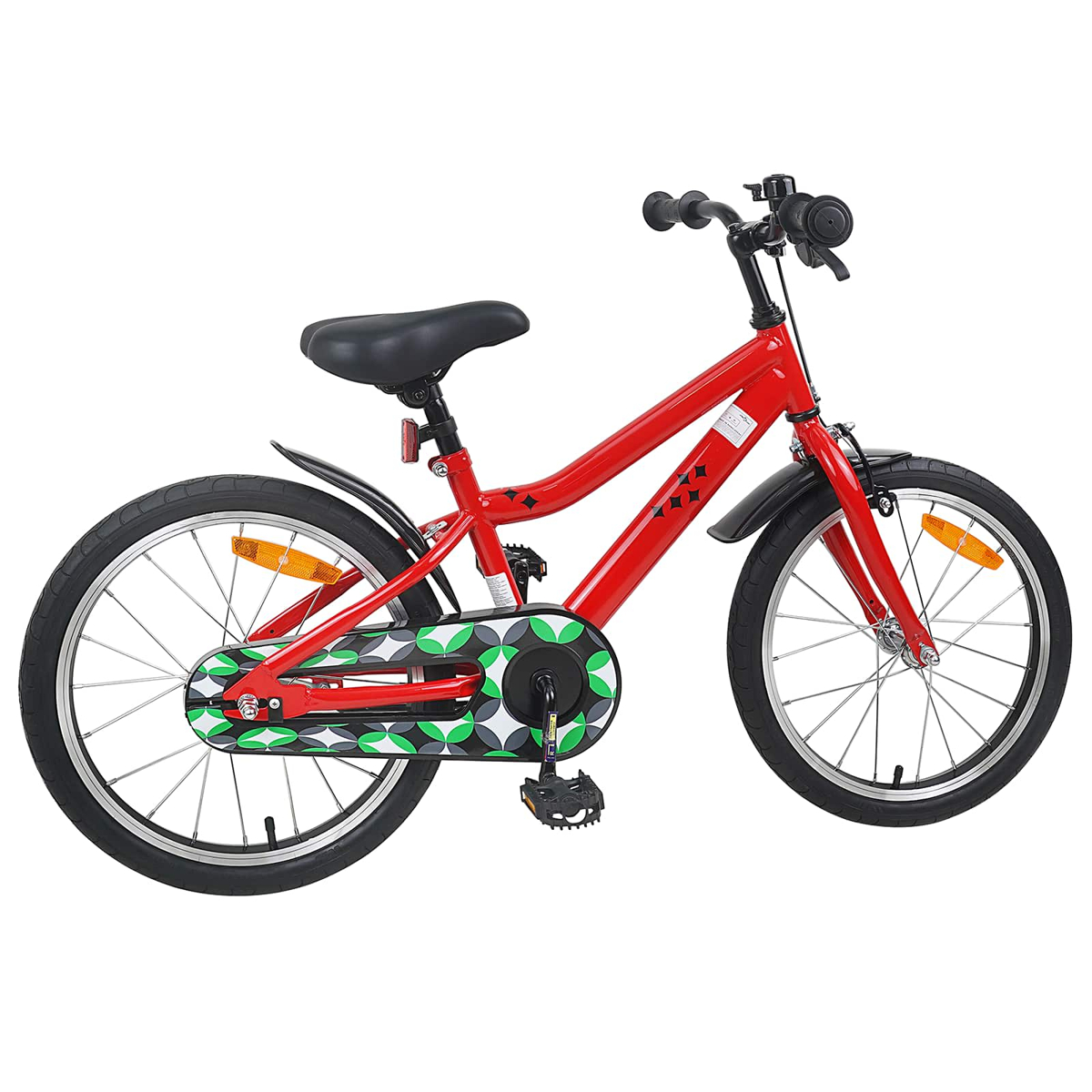 Ein rotes Kinderfahrrad mit schwarzem Sattel und Speichenrädern.