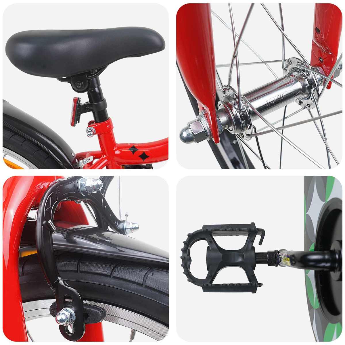 Nahaufnahme eines roten Kinderfahrrads mit Details wie Sattel, Radnabe, Bremse und Pedal.