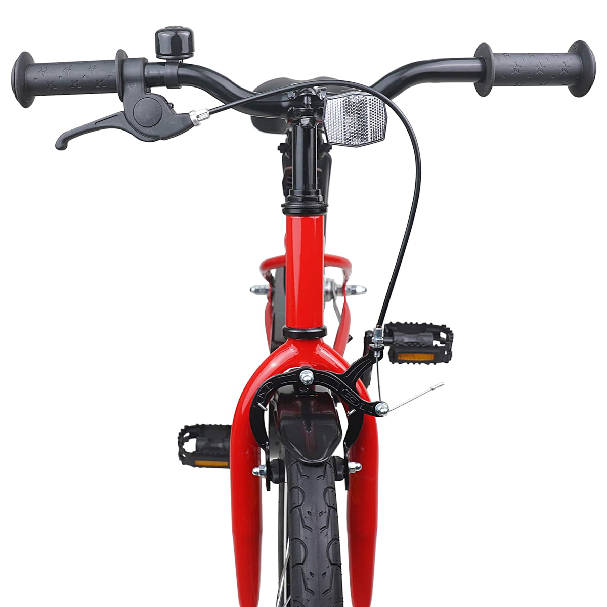 Rotes Fahrrad mit Lenker, Klingel, Bremsen und Reifen.